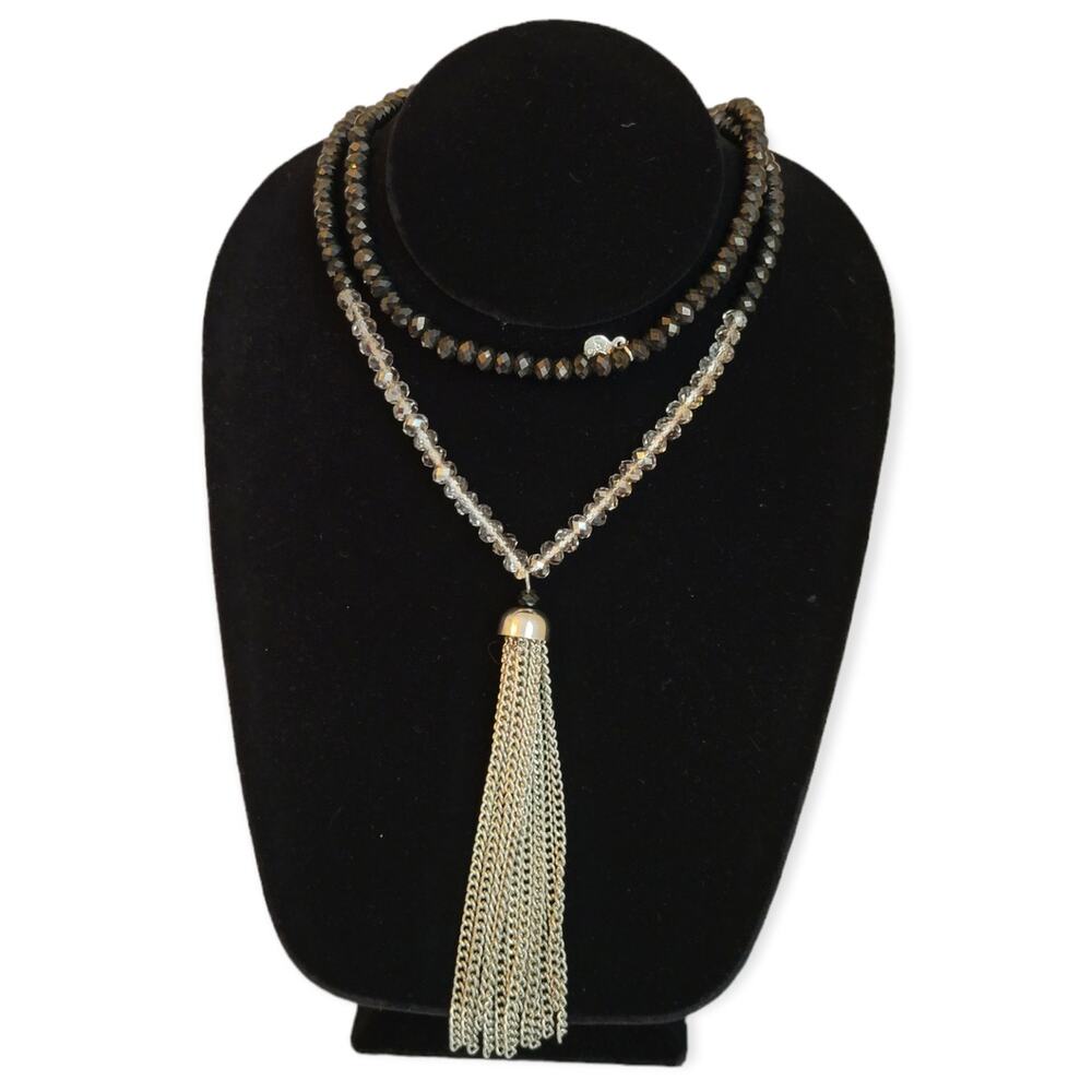 Loft Necklace Charcoal Clear Faceted Beaded Single Strand  Multi Chain Pendant